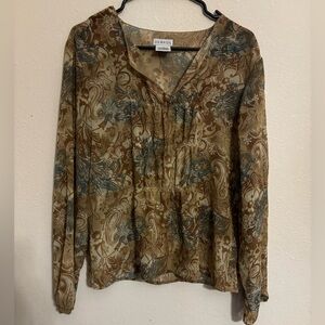 George Womans Blouse Beige Khaki Floral Printed Sheer‎ Long Sleeve Size L